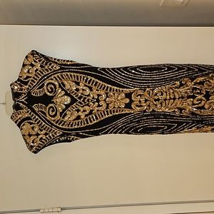 Black and Gold Sequin and Lace Dress